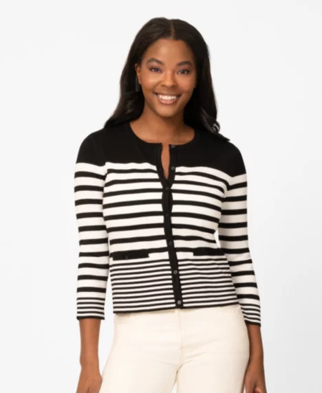 Petite Mixed Stripe Button Crewneck Cardigan Sweater - Black and White Stripe