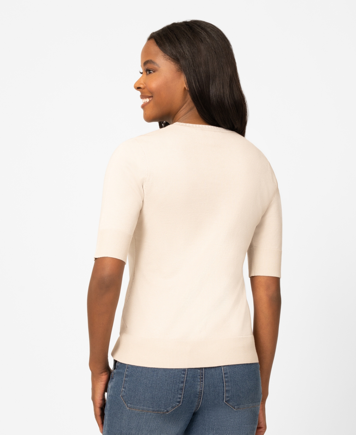 Melissa Paige Petite Whip Stitch Elbow-Sleeve Crewneck Sweater