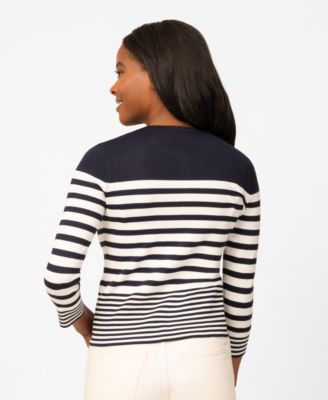 Petite Mixed Stripe Button Crewneck Cardigan Sweater