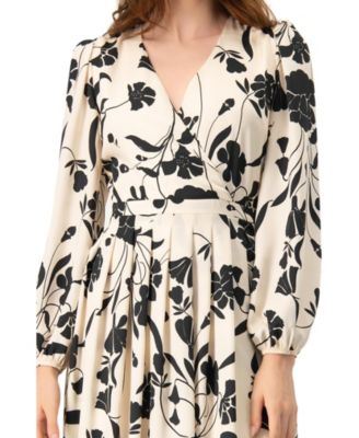 Women's V-Neck Midi Dress with Long Sleeves