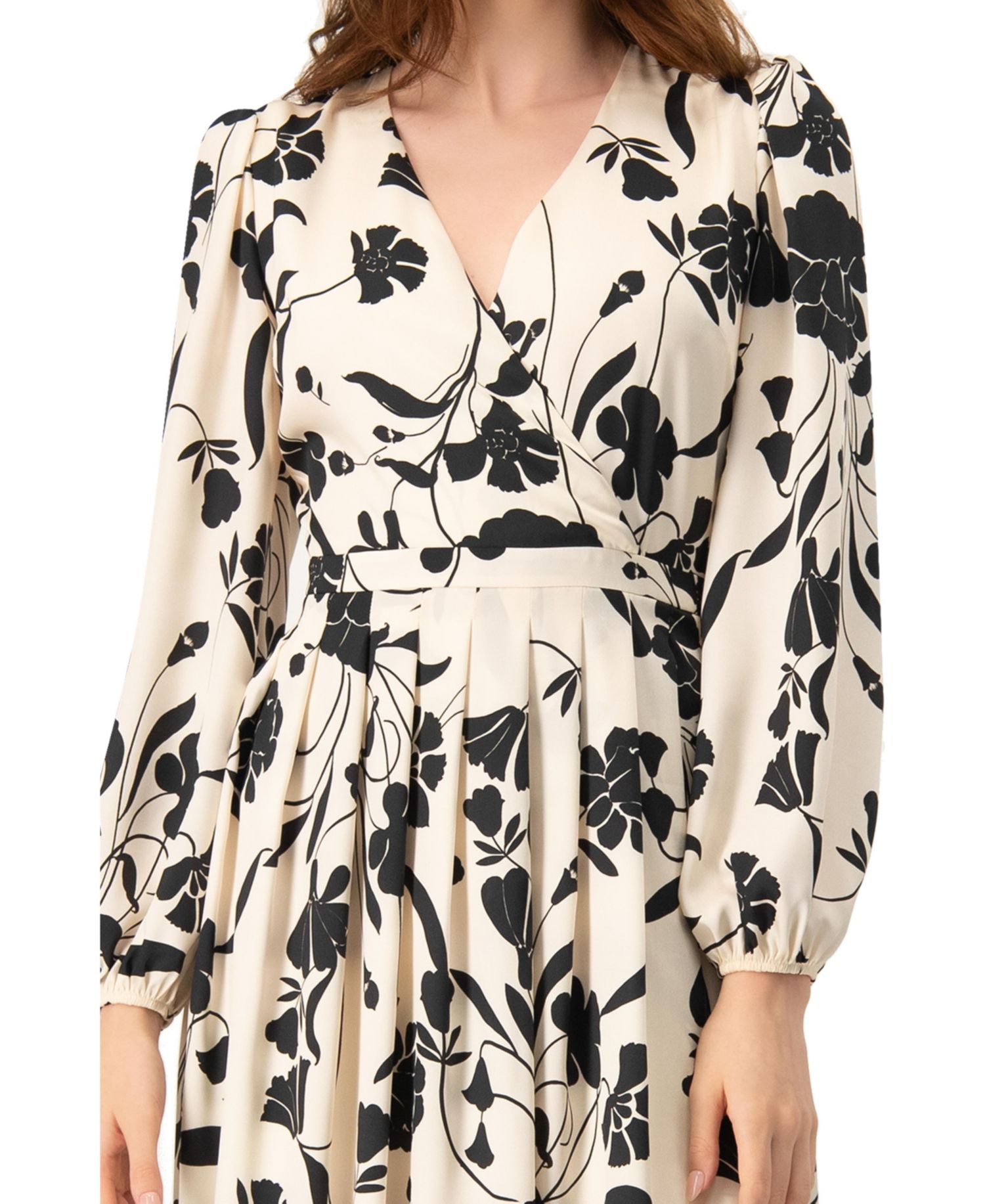 Women's V-Neck Midi Dress with Long Sleeves