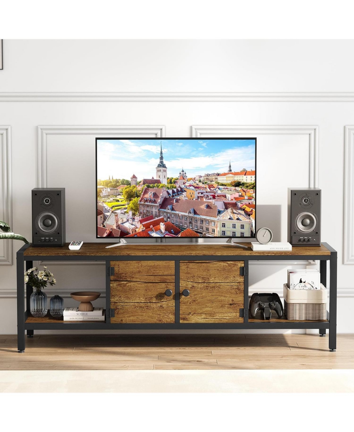 gaomon Tv Stand for up to Inches, Large Console Table with 2 Closed Storage Spaces and Open Compartments