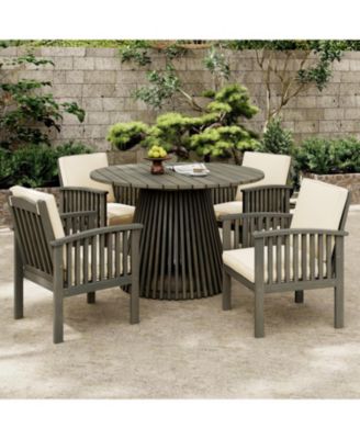 Outdoor Acacia Wood 4 Chair Set with Round Table, Grey & Cream
