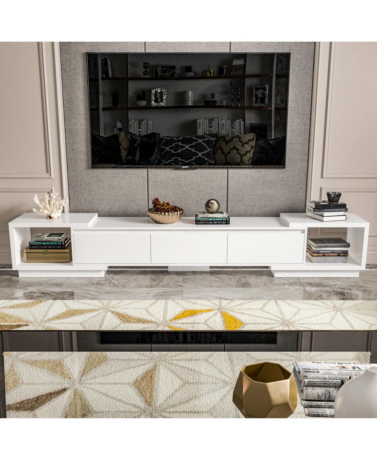 Tv stand with two doors and one drawer, media console with six fixed shelves, entertainment center in white wood