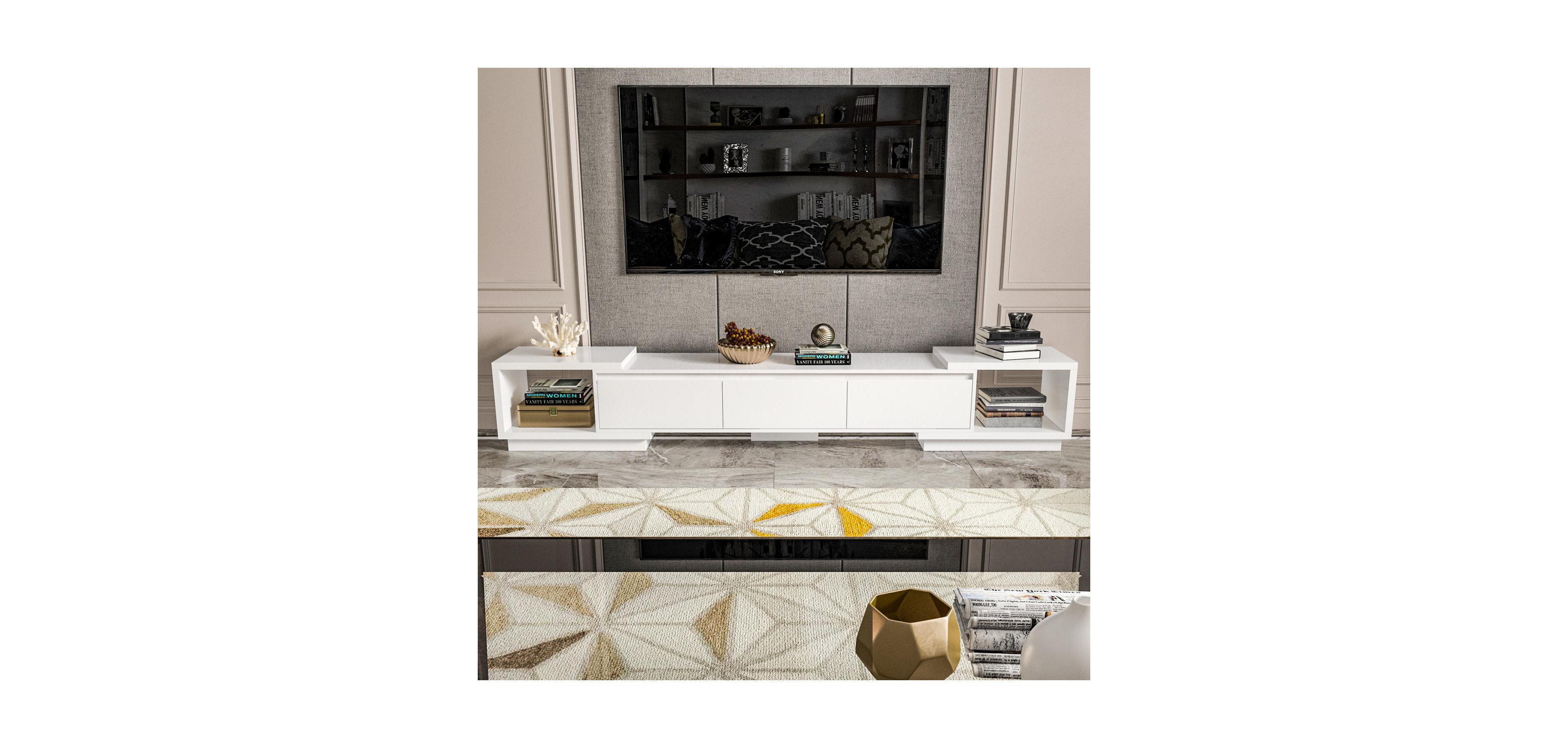 Tv stand with two doors and one drawer, media console with six fixed shelves, entertainment center in white wood