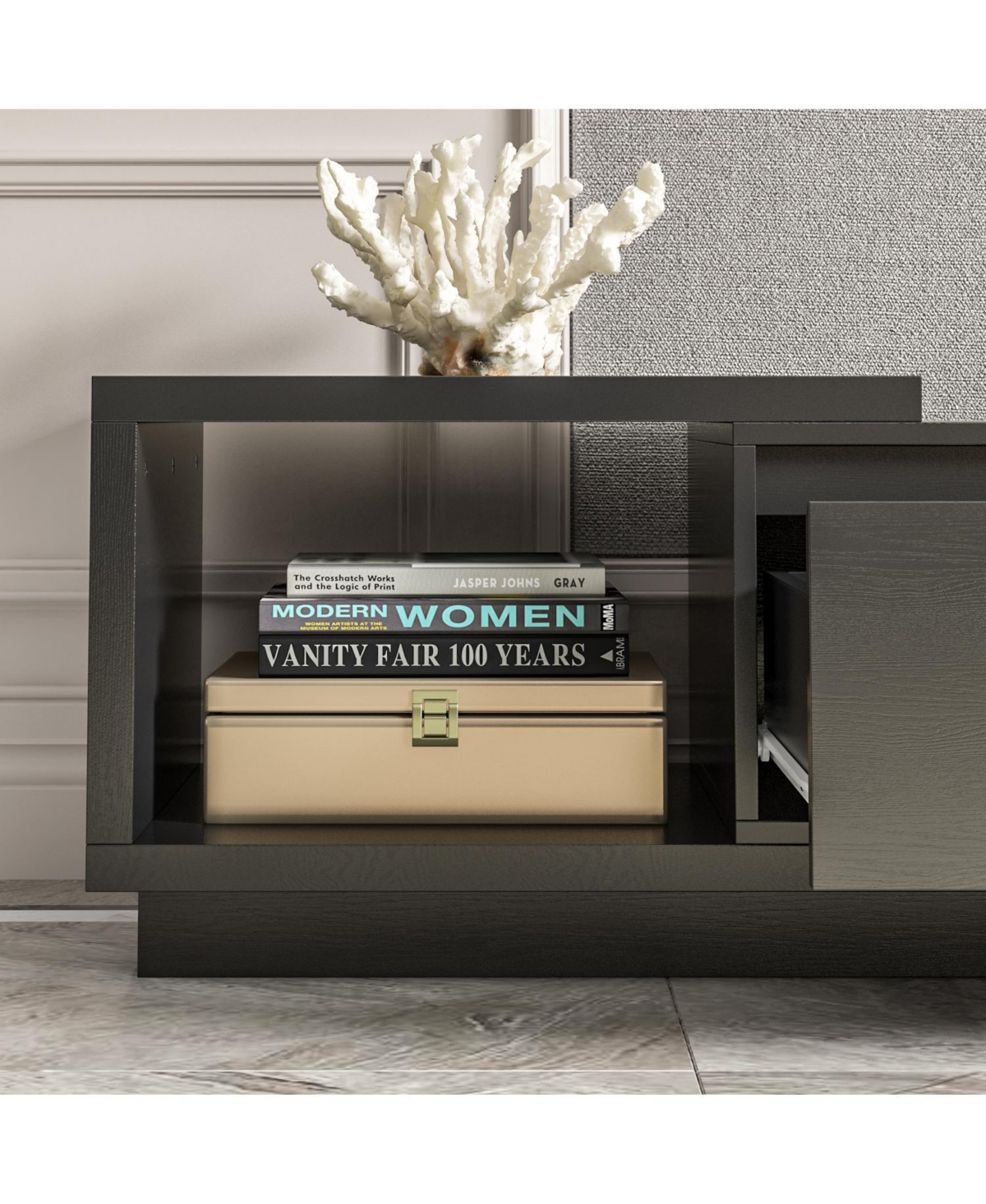 Tv stand with three drawers and two cabinet doors, media console with metal feet, wooden entertainment center