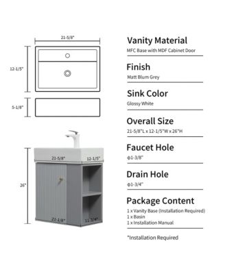 21.6" Wall Mounted Vanity with Ceramic Sink & Right Shelf, Grey