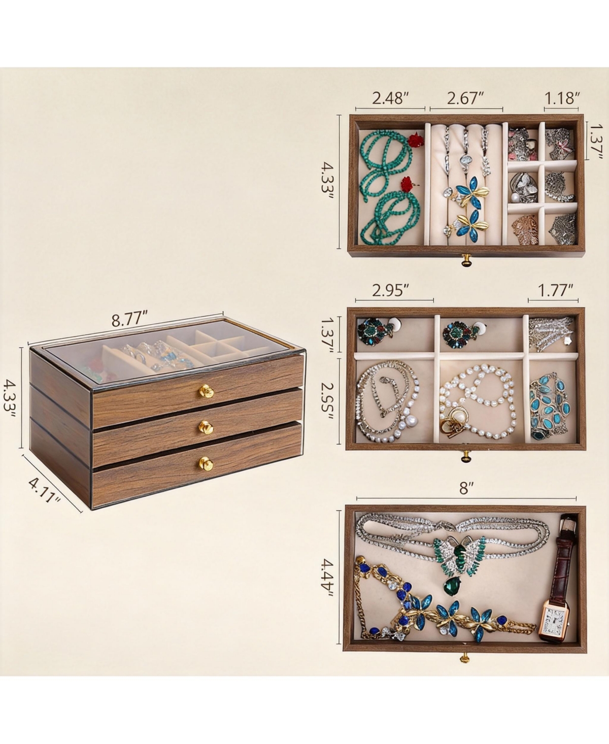 Yigii 3-Layer Acrylic & Wood Jewelry Organizer with Velvet Lining