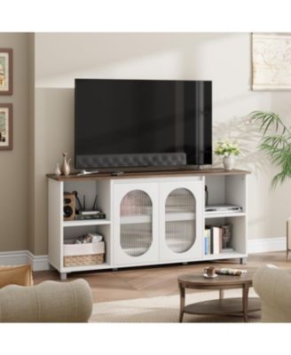 70 Inch TV Stand with Corrugated Glass Doors, Rustic Entertainment Center for Living Room