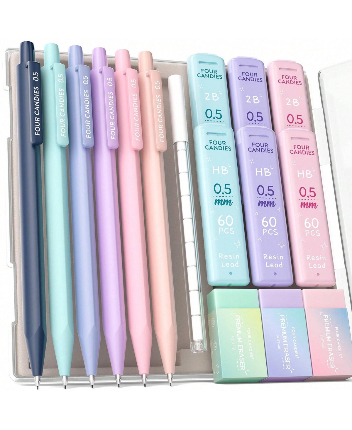 Htutwoo 0.5mm 6PCS Cute Mechanical Pencils with Hb & 2B Lead Refills and Pastel Eraser Set for Writing, Drawing and Drafting