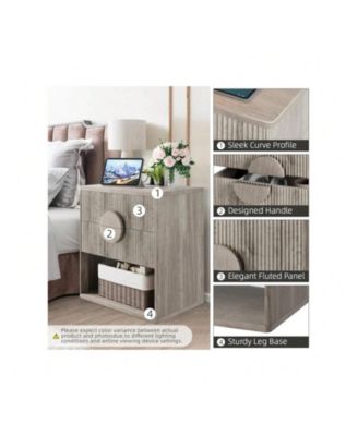 Set of 2 Modern Farmhouse Fluted Nightstands, 2-Drawer Side Table with USB Charging Station
