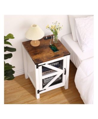 Farmhouse Barn Door Nightstand with Charging Station, Rustic End Table Sofa Side Storage for Bedroom