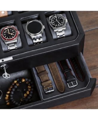 Luxury Watch Box - 12 Watches, PU Leather, Glass Lid, Accessory Drawer