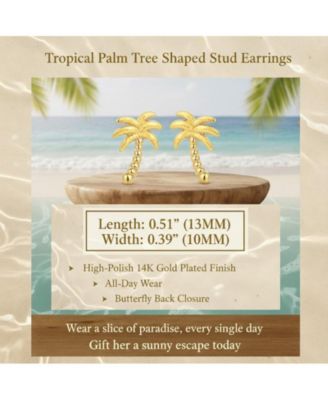 Tropical Palm Tree Shaped Stud Earrings in 14K Gold Plated