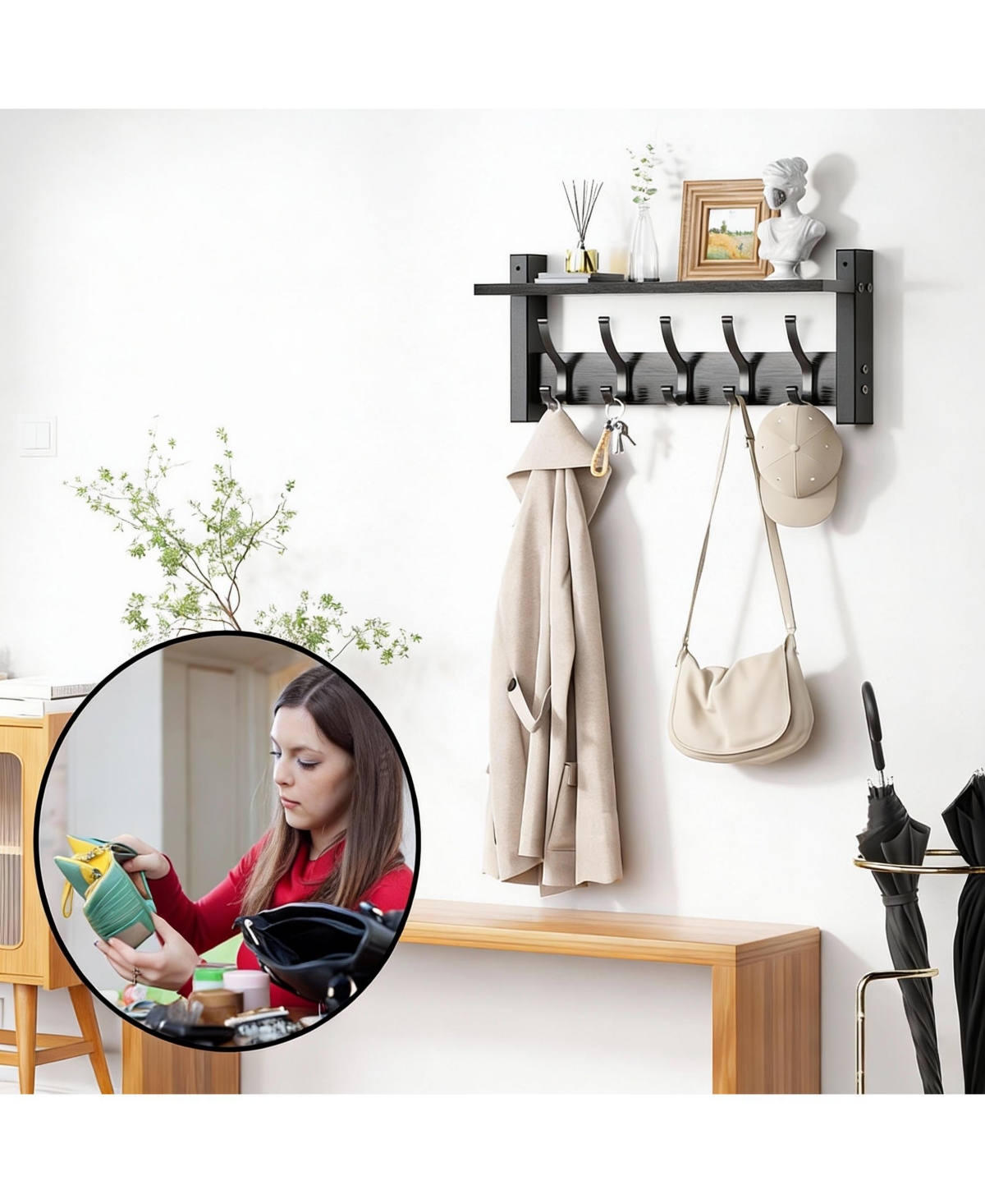 Yigii Wooden Coat Rack with Shelf, 5 Hooks, 55lbs Capacity, Space-Saving, Diy
