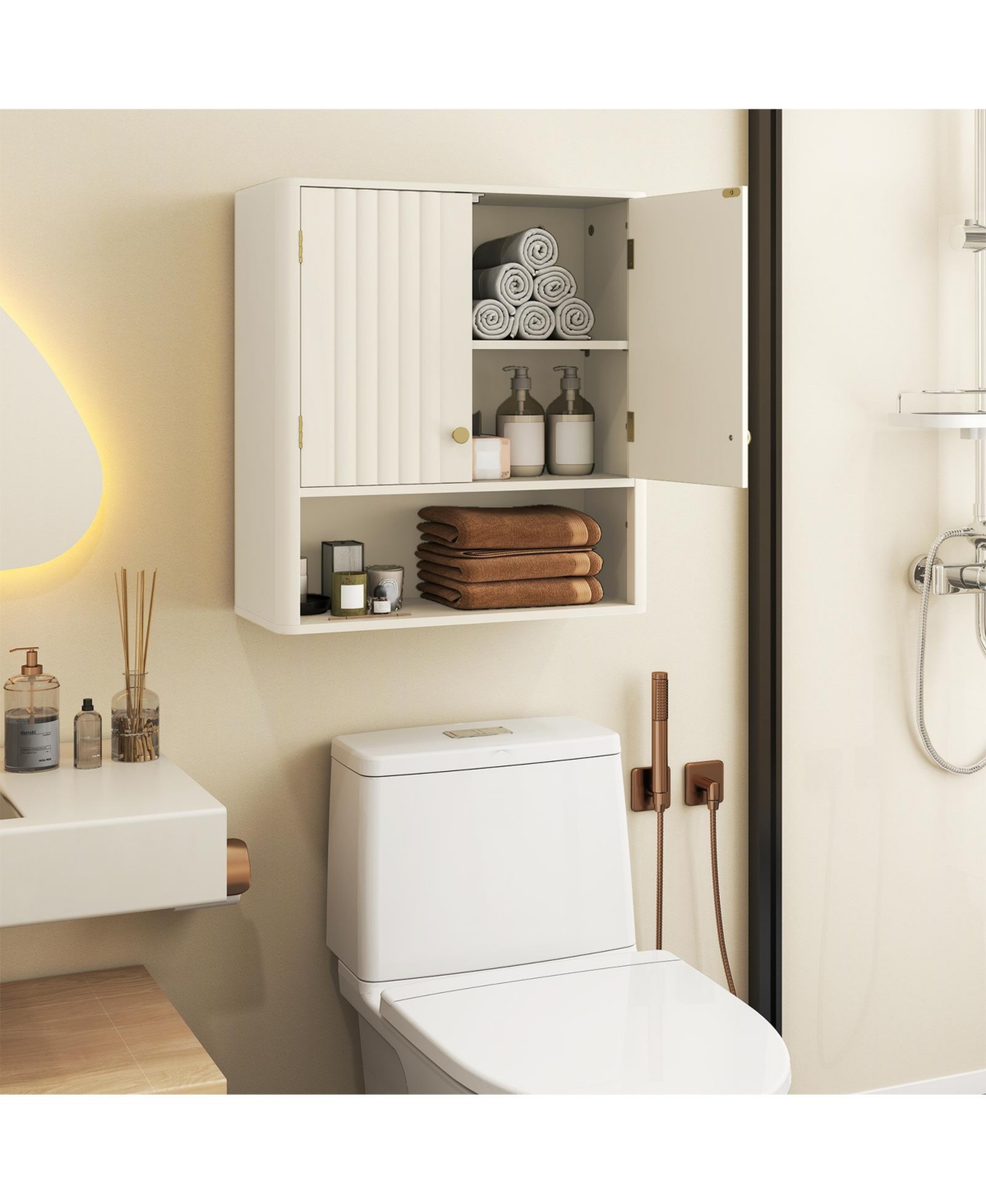 sumyeg Fluted Bathroom Wall Storage Cabinet with Open Shelf Organizer