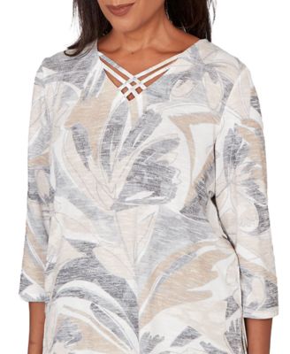 Petite Leaf Print Crossover V-Neck Top