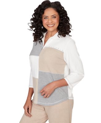 Petite Quarter Zip Collared Patchwork Top