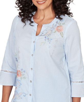 Petite Striped Floral Embroidered Button-Down Top