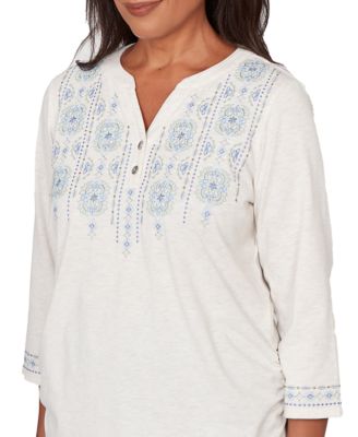 Petite Medallion Embroidered Ruched Split Neck Henley Top
