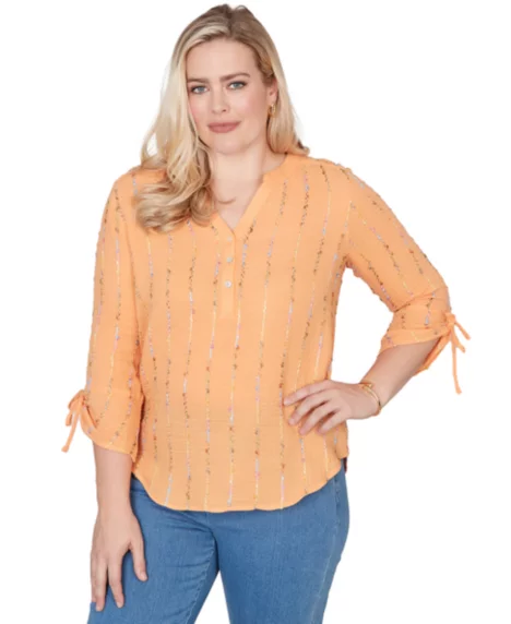 Petite Eyelash Gauze Textured Tie Sleeve Split Neck Top - Apricot