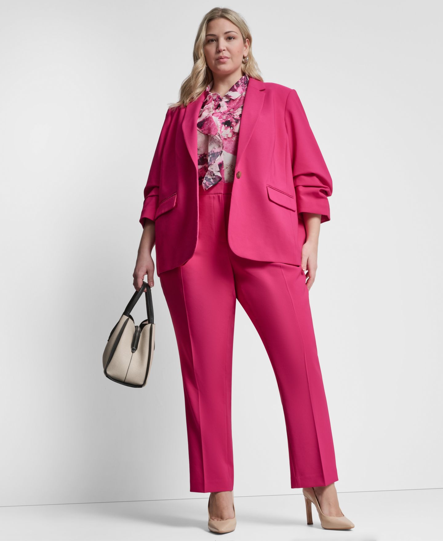 Женский пиджак DKNY Plus Size 1-Button Ruched-Sleeve Blazer, цвет: Розовый — фото 4