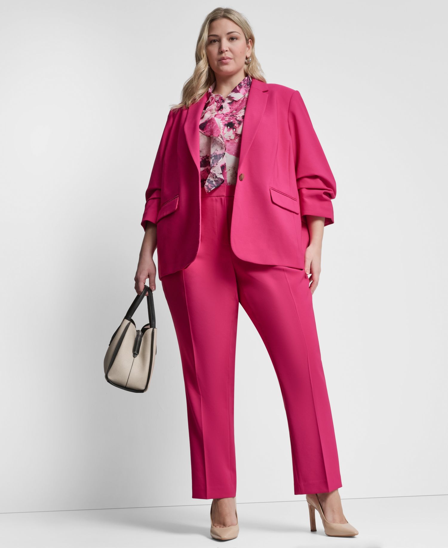 Plus Size 1-Button Ruched-Sleeve Blazer