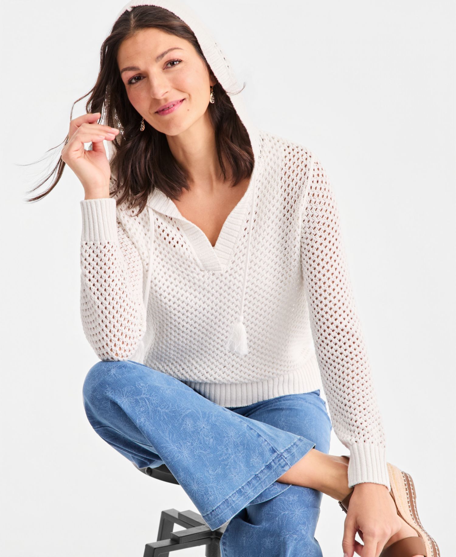 Petite Long-Sleeve Open Stitch V-Neck Hooded Sweater