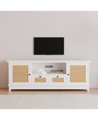 Rattan TV Stand, Boho Entertainment Center for 65 Inch TV, TV Console with 2 Cabinets & Adjustable Shelf