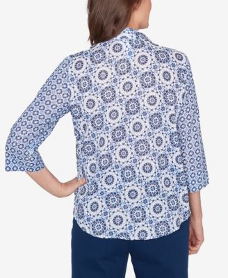 Petite Mykonos Geometric Button Front Collared Top