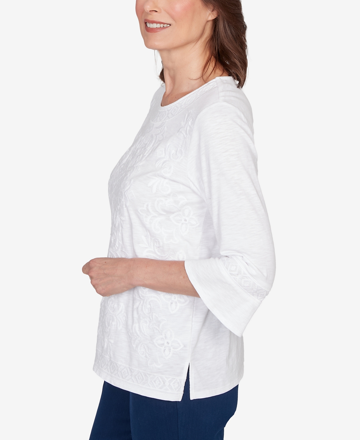 Alfred Dunner Petite Mykonos White Medallion Embroidered Top