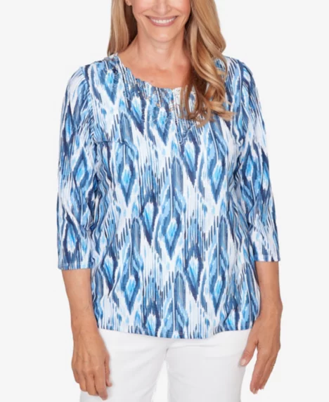 Petite Mykonos Ikat Embellished Neck Top - Blue Multi