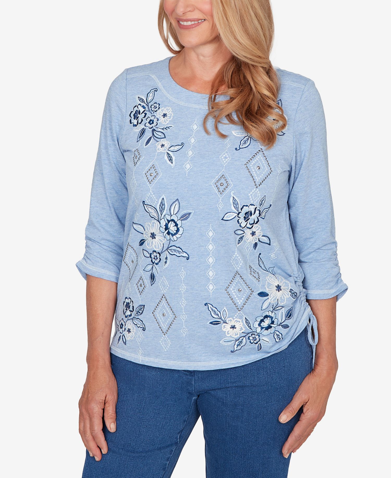 Petite Austin Floral Diamond Embroidered Knit Top