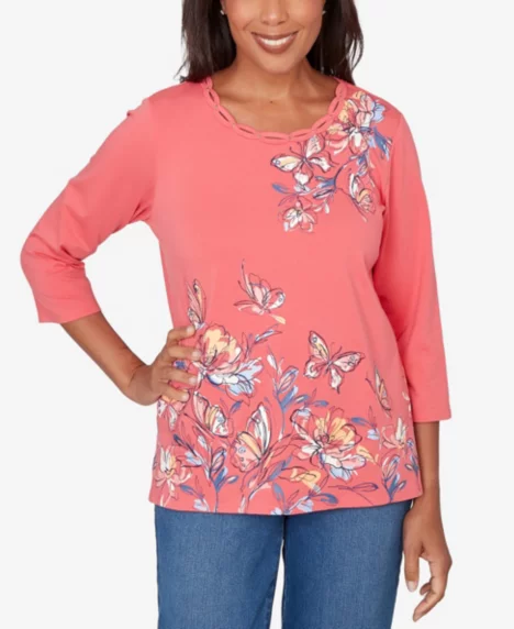 Petite Austin Asymmetric Etched Floral Knit Top - Azalea
