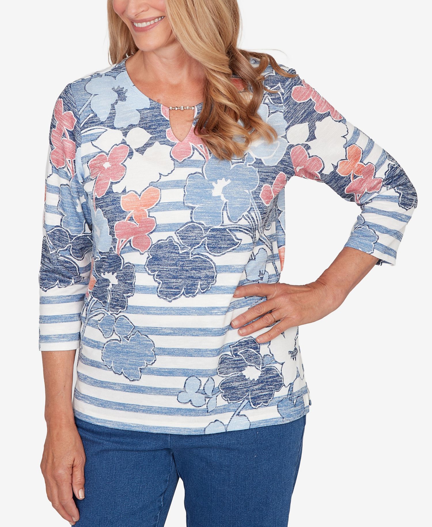 Petite Austin Stripe Floral Split Neck Knit Top