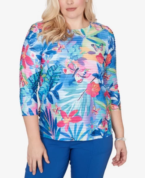 Petite The Royal Treatment Tropical Butterfly Ruffle Textured Top - Royal Blue