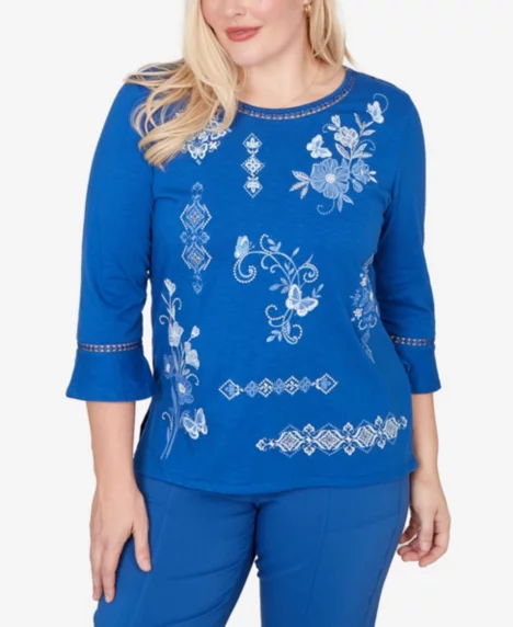 Petite The Royal Treatment Placed Floral Medallion Embroidered Top - Royal Blue