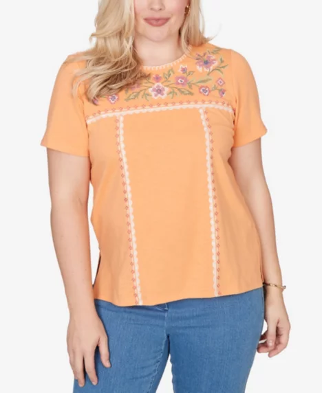 Petite Beachcomber Embroidered Floral Neck Short-Sleeve T-Shirt - Apricot