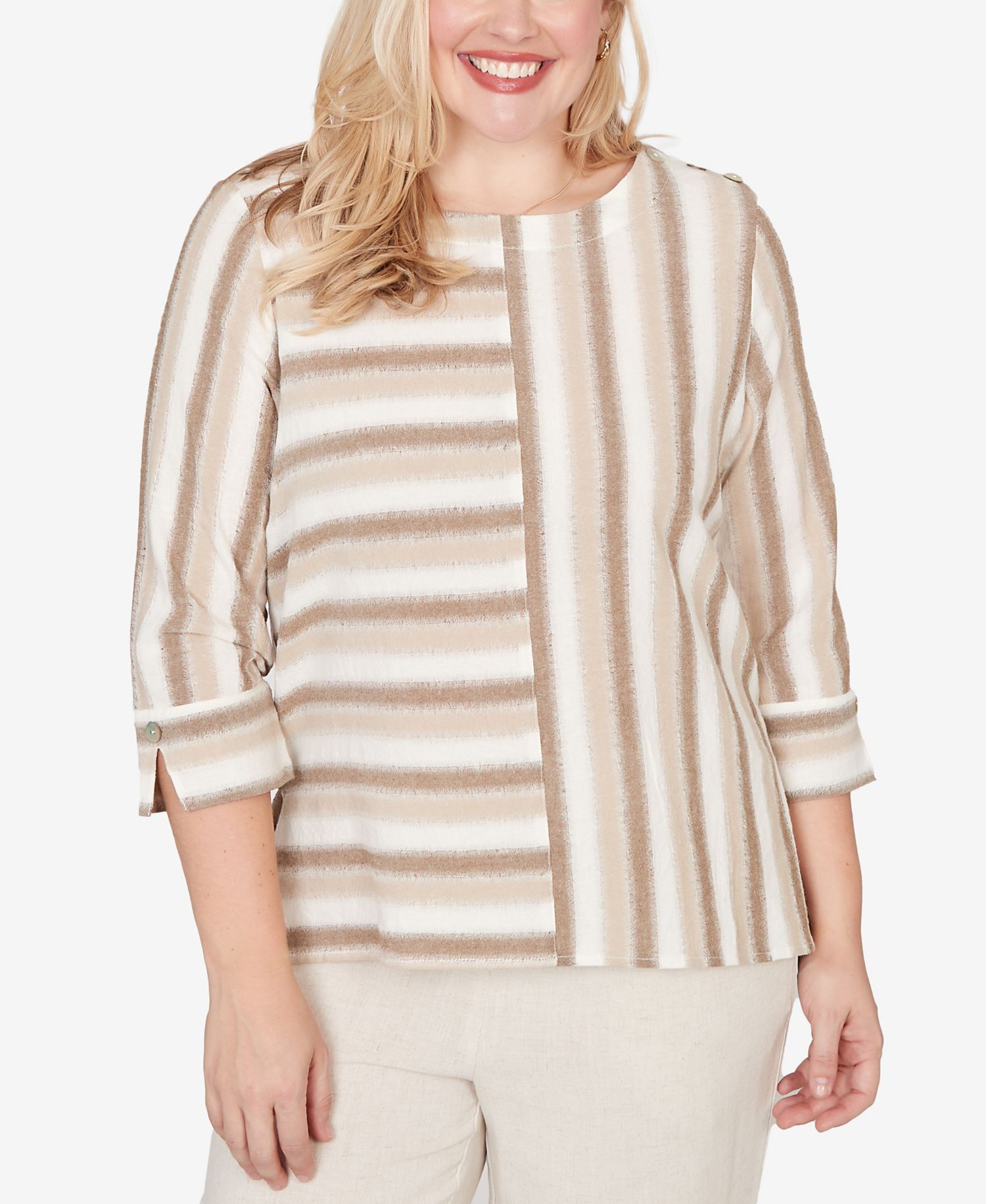 Petite Natural Wonder Spliced Stripe Three Quarter Sleeve Top