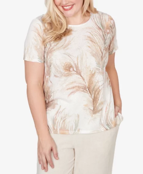 Petite Natural Wonder Feather Print Short-Sleeve T-Shirt - Neutral Multi