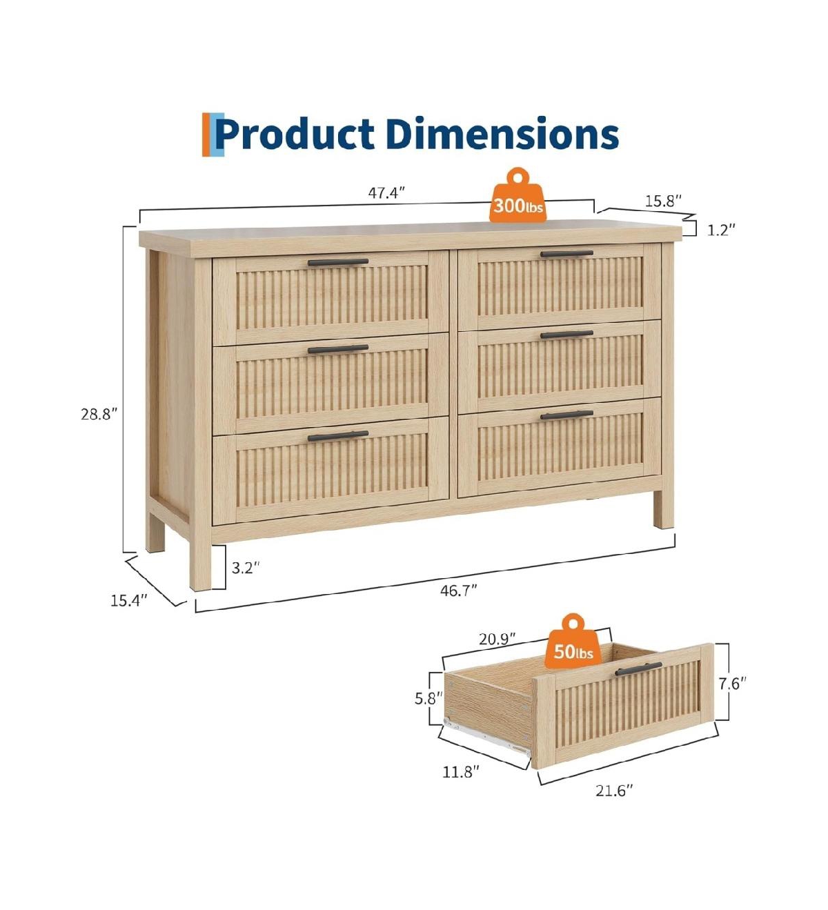 gaomon Fluted 6 Drawer Dresser for Bedroom, 47in Wide, Mid Century Modern Chest of Drawers, Wooden Fluted Dresser Chest