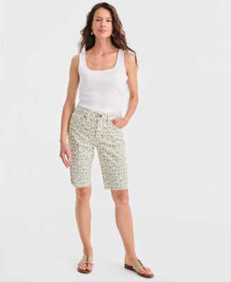 Women's Printed Mid-Rise Raw-Edge Bermuda Short