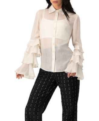 Women's Sheer Shirt with Tiered Ruffle Sleeves