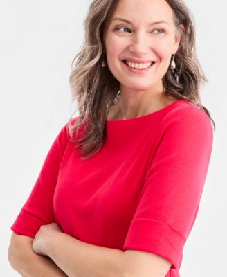 Women's Boat-Neck Elbow Sleeve Cotton Top