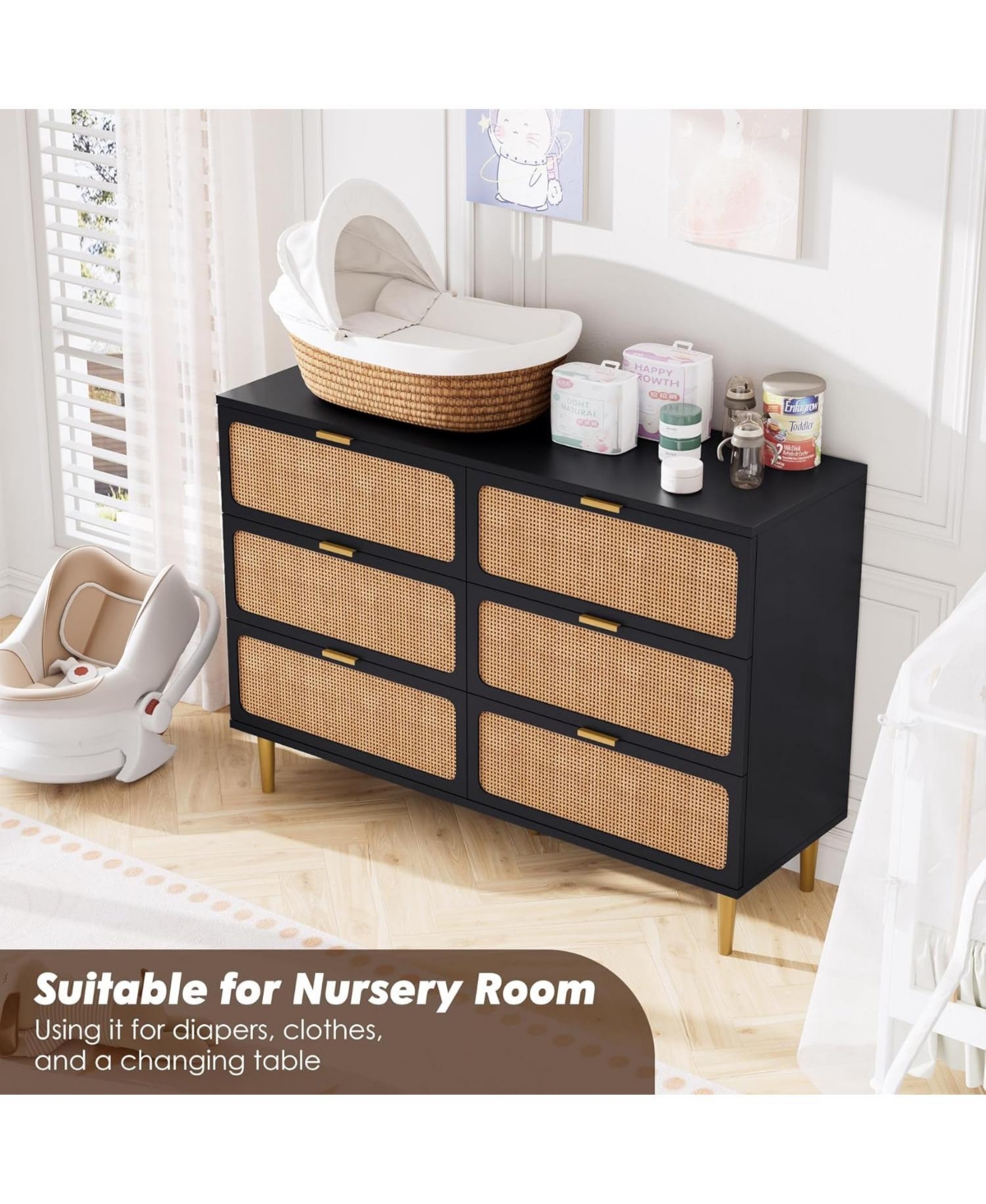 Gaomon Rattan 6 Drawer Dresser for Bedroom, Long Double Chest with Deep Drawers and Wide Top Living Room or Kids