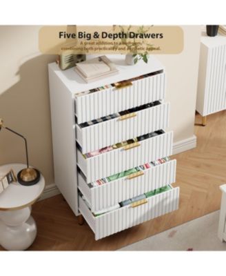 Fluted 5 Drawer Storage Dresser, Tall Chest with Deep Drawers and Wide Top, Wooden Organizer for Living Room or Kids Room