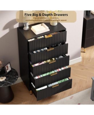 Fluted 5 Drawer Storage Dresser, Tall Chest with Deep Drawers and Wide Top, Wooden Organizer for Living Room or Kids Room