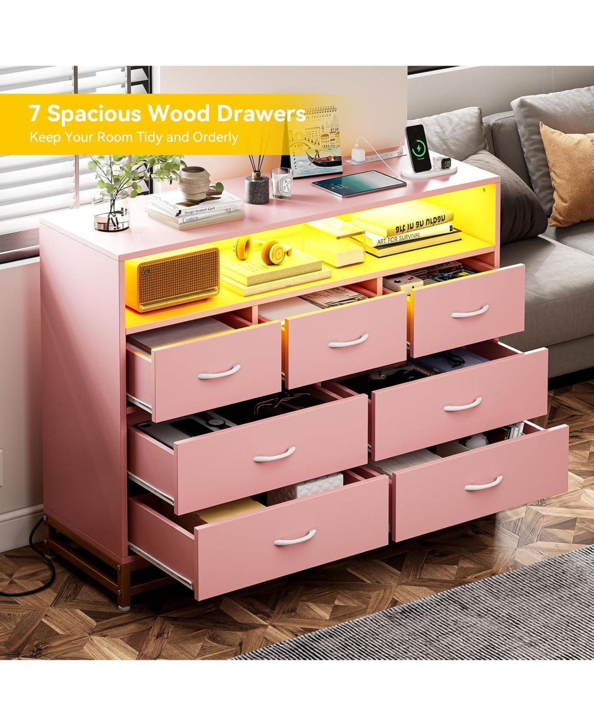 Gaomon 7-Drawer Dresser for Bedroom, Long Wooden Chest with Led Light, Wide Storage Cabinet Living Room, Hallway or Closet