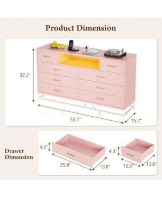 8 Drawer Dresser for Bedroom, Pink Dresser with Led Light, 55 Inch Tv Stand Dressers with Power Outlet