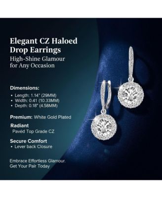 Elegant White Gold Plated Clear CZ Haloed Solitaire Drop Earrings